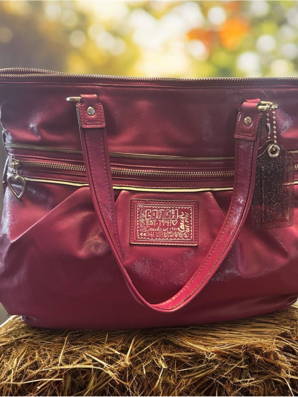 Coach Pink-Red Leather Tote with Heart Charm